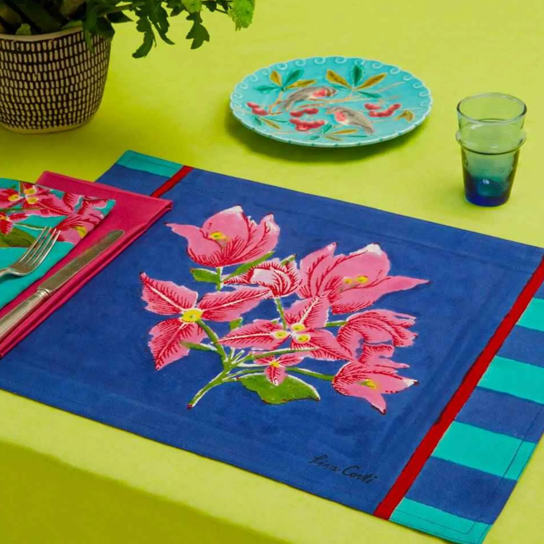 X Lisa Corti Bougainvillea Cotton Stripes Placemat^ISSIMO Discount