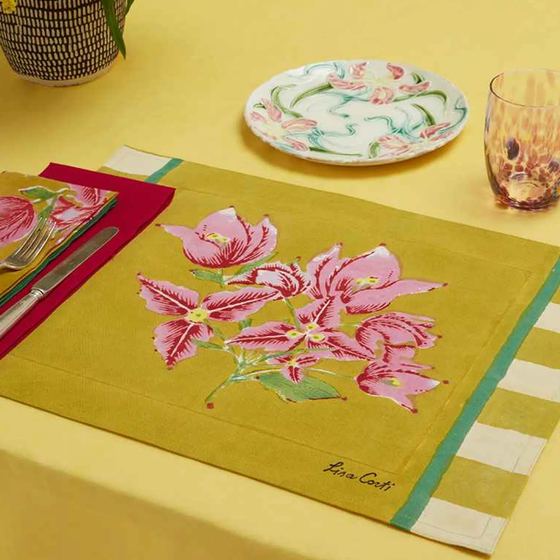 ISSIMO X Lisa Corti Bougainvillea Mustard Stripes Placemat