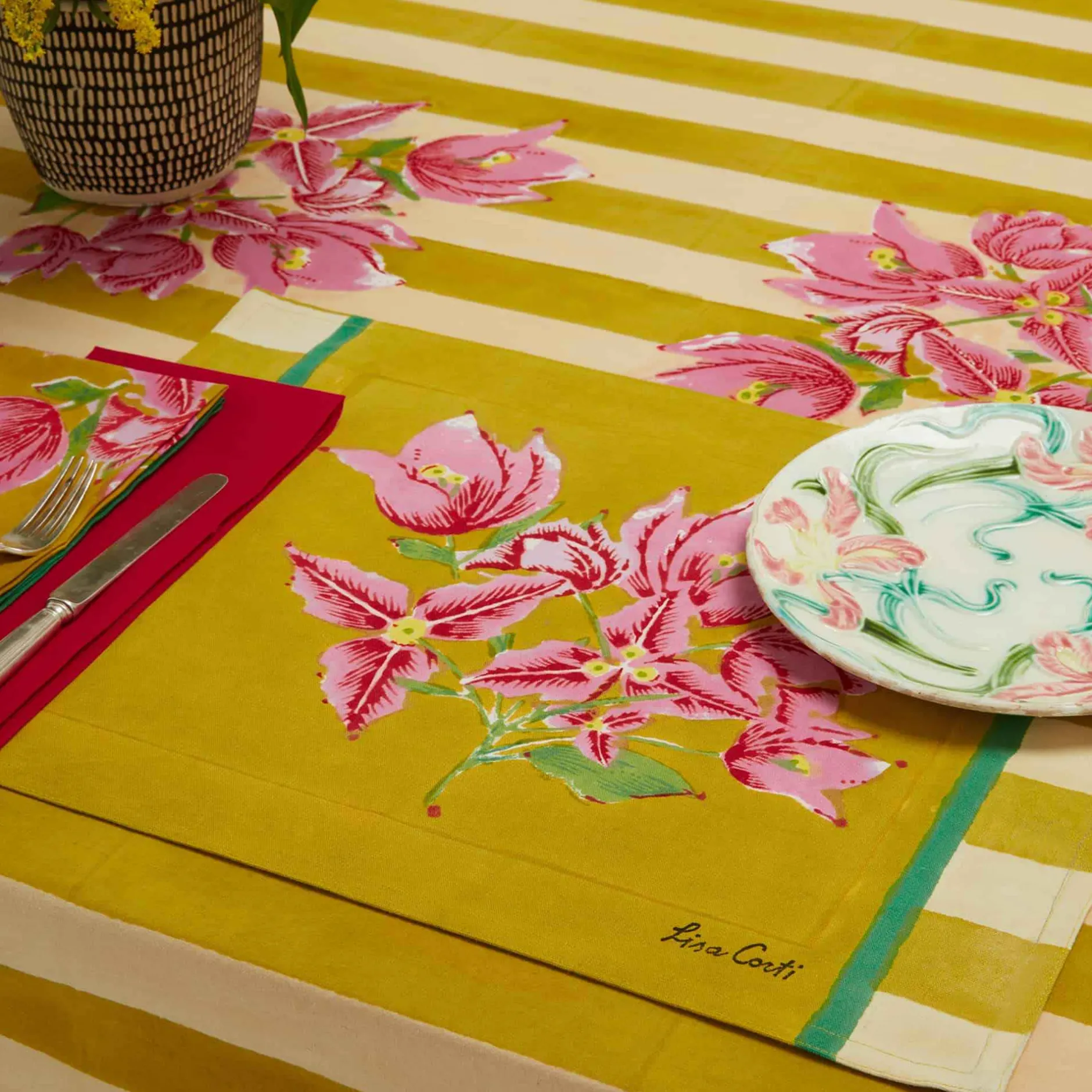 ISSIMO X Lisa Corti Bougainvillea Mustard Stripes Placemat