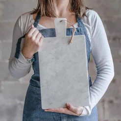 Marmolove Cutting Board In White Carrara Marble And Leather Lace